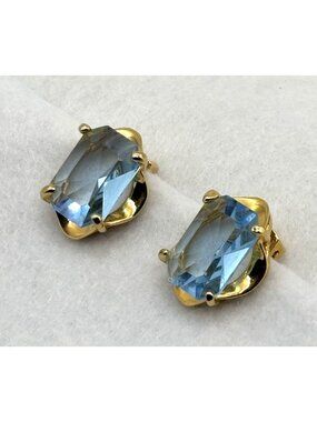 Vintage Possibly Gold Plate W/Emerald-Cut Blue Crystal or Glass Clip-On Earrings